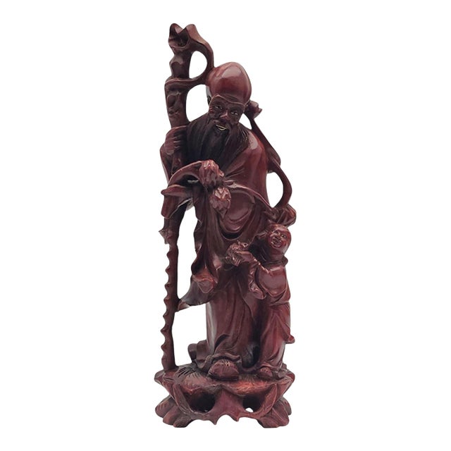 Mid Century Chinese Hand Carved Wood Figure of Shou Xing Longevity Deity 12.75" For Sale