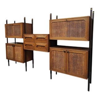 Italian Midcentury Design Modular Teak Webbing Wall Unit Cabinet Wandkast, 1970s For Sale