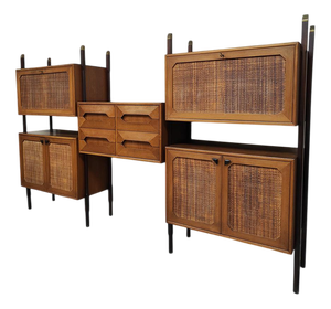Italian Midcentury Design Modular Teak Webbing Wall Unit Cabinet Wandkast, 1970s
