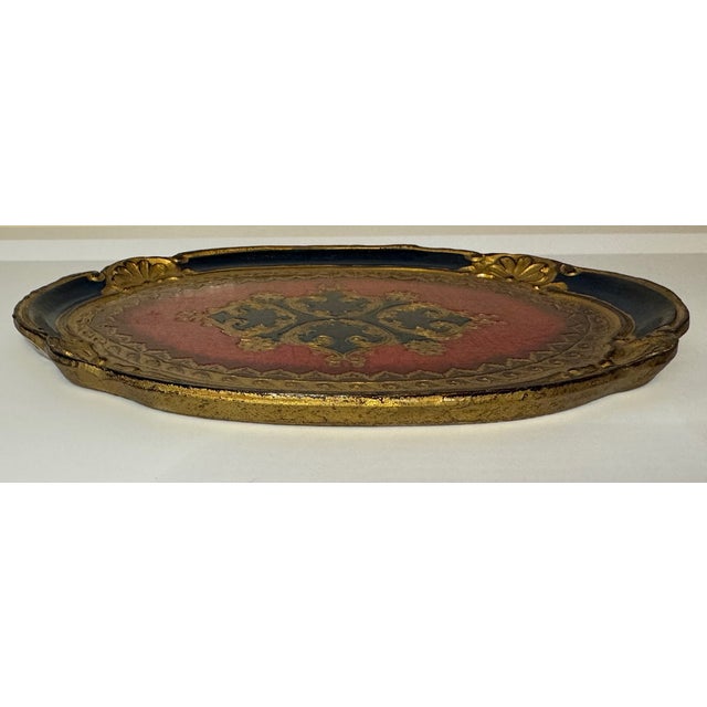 1960s Vintage Florentine Italian Gilt Tray | Red Black Gold Hollywood Regency Serving Tray For Sale - Image 5 of 8