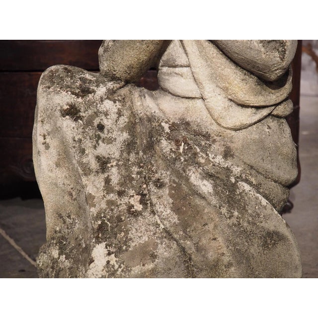 Early 21st Century Carved Italian Limestone Statue of a Woman Holding a Bird For Sale - Image 5 of 13
