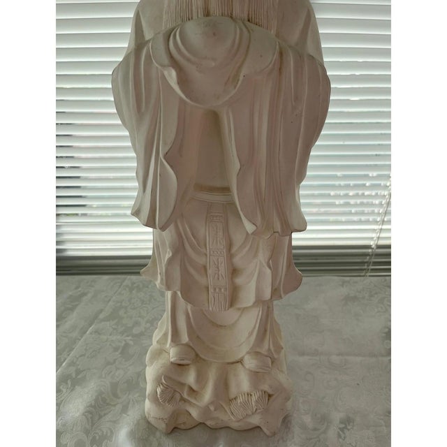 Vintage 24" White Chalkware Chinese Immortal Statue - Large MCM Oriental Sage For Sale - Image 4 of 6