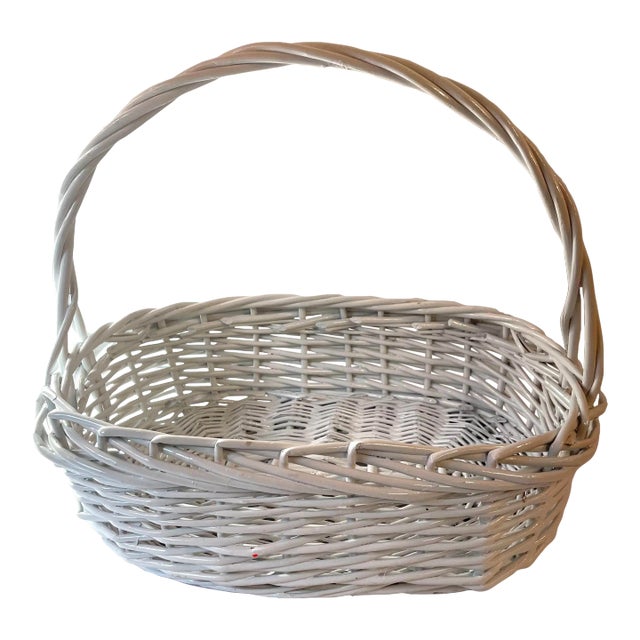 Vintage White Wicker Basket With Fixed Handle Chairish