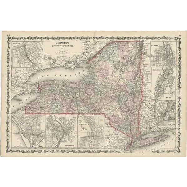 Antique map titled 'Johnson's New York' Large map of New York State. with insets of Albany, Oswego, Buffalo, Rochester,...