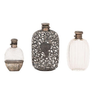 Collection of Three American Art Nouveau Silver and Cut Crystal Flasks For Sale