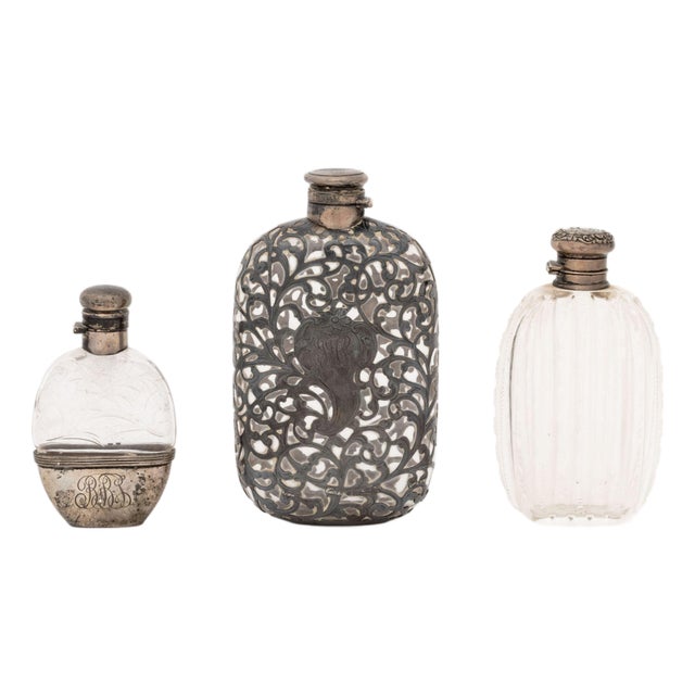 Collection of Three American Art Nouveau Silver and Cut Crystal Flasks For Sale