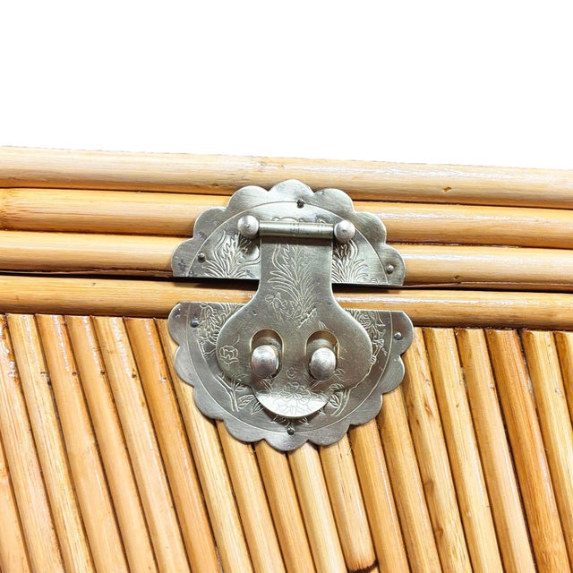 Restored Mid-Century Split Reed Rattan & Pine Trunk W/ Brass Paktong Latch For Sale - Image 11 of 13