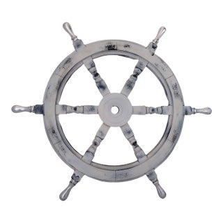 Vintage Nautical Handcrafted White Wooden Ship Wheel With Aluminium Handle For Sale