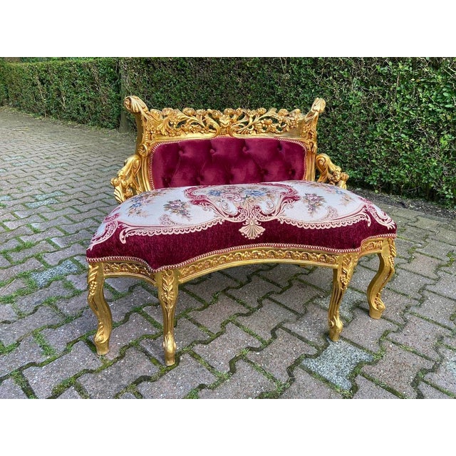 Late20C French Artisan Louis XVI Style Gold Red Beech Settee For Sale - Image 6 of 14