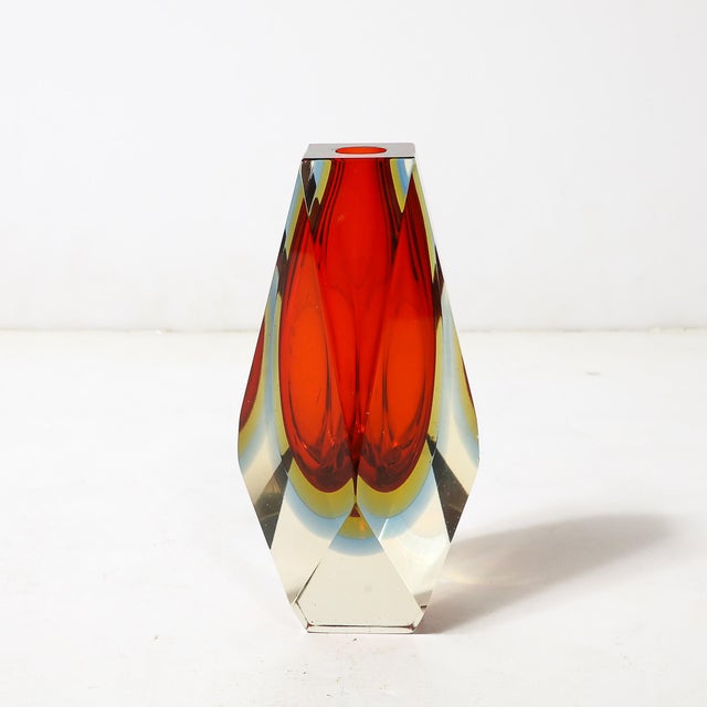 Mid-Century Modern Mid-Century Hand-Blown Faceted Murano Glass Sommerso Ruby & Transparent Vase For Sale - Image 3 of 10