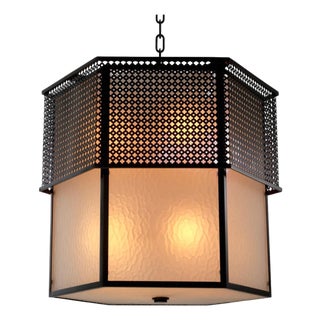 Chandelier in Metal with Bronze Finish and Frosted Glass For Sale