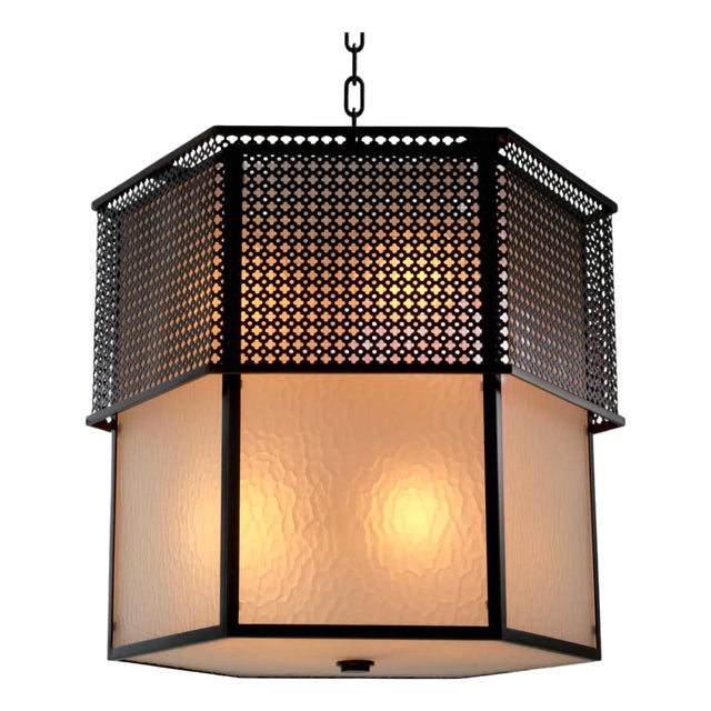 Chandelier in Metal with Bronze Finish and Frosted Glass For Sale