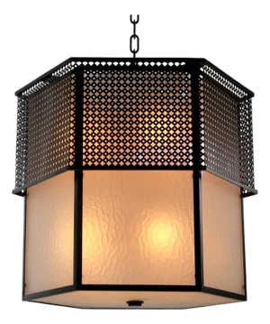 Chandelier in Metal with Bronze Finish and Frosted Glass