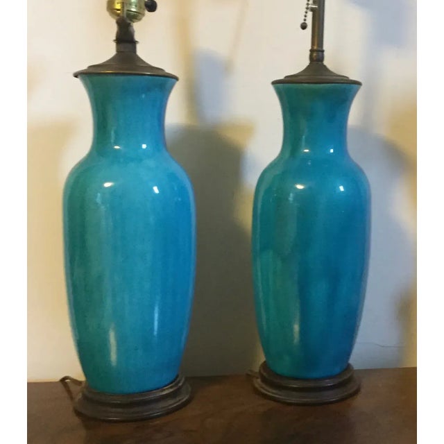 Ceramic Antique 19th Century Chinese Turquoise Crackle Glaze Porcelain Table Lamps - A Pair For Sale - Image 7 of 12