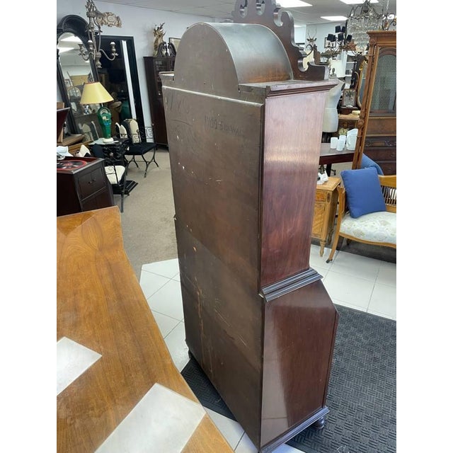 Antique Secretary Desk, Brass Backed Screen Glass Door, Burl Wood Inlay, Two Shelves For Sale - Image 12 of 12