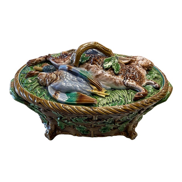 Late 19th Century Minton Majolica Covered Game Dish With Rabbit and Mallard on Lid For Sale