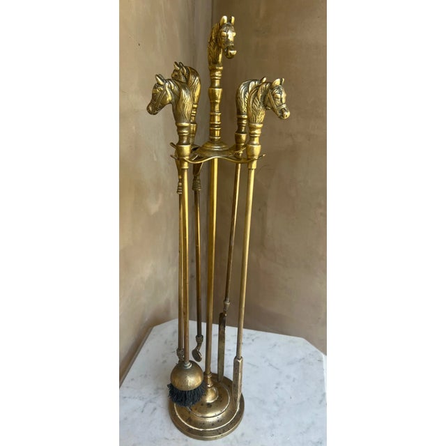 French Brass Horse Head Fireplace Tool Set For Sale - Image 9 of 12
