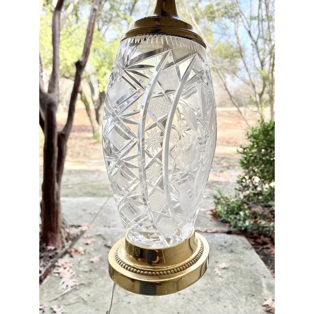 Dresden Porcelain Dresden 1970s Vintage Pair of Cut Rose Flower Crystal Oval Gold Brass Lamps For Sale - Image 4 of 12