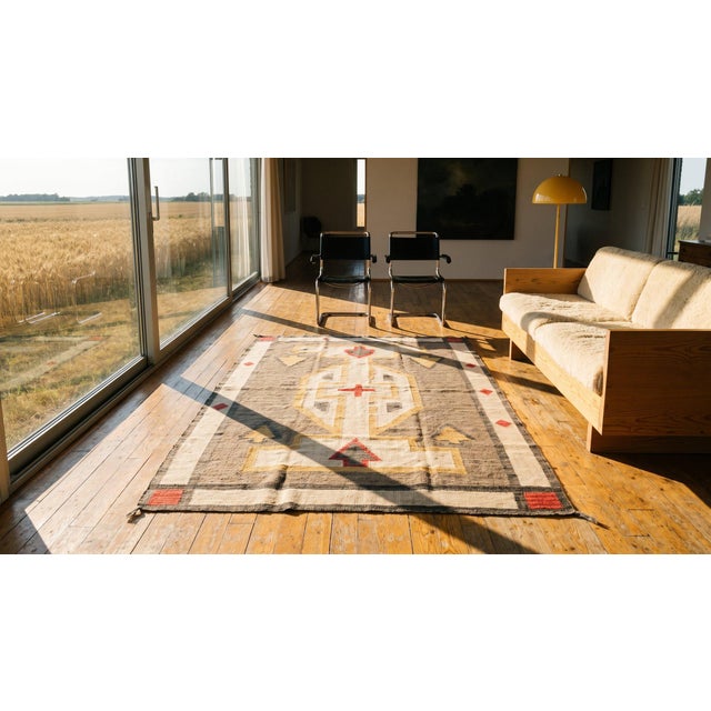 Textile 1920s Gray White Abstract Geometric Antique American Navajo Flat Weave Rug 3'10" X 5'8" Wool Carpet For Sale - Image 7 of 9