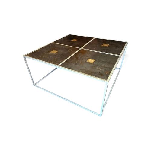 One of a kind brutalist coffee table 1980s with weighty metal / copper / steel tops / Galvanised frame Height 40 Depth 85...