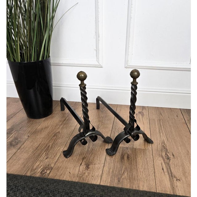Baroque Vintage Italian Turned Andirons in Wrought Iron, 1920s, Set of 2 For Sale - Image 3 of 7