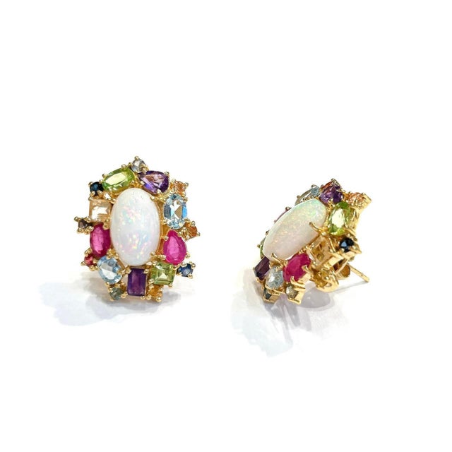 Bochic “Orient” Retro Opal, Ruby & Amethyst Earrings Set In 18K Gold & Silver Natural Purple Amethyst - 2 carat Natural...