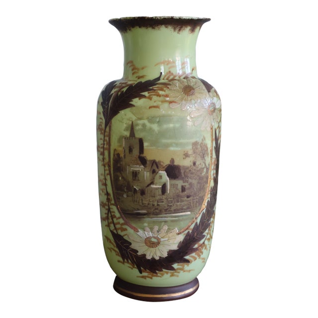 Late 19th-Century Victorian Bristol-Style Green Opaline Scenic Glass Vase For Sale