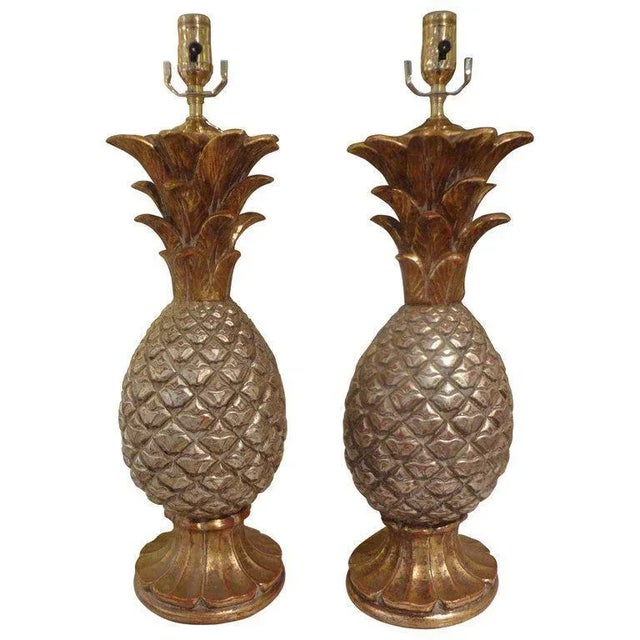 Silver Pair of Vintage Italian Gilt Terra Cotta Pineapple Lamps For Sale - Image 8 of 9