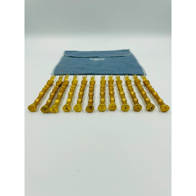 Mid 20th Century Vintage Gold Tone Bamboo-Style Cocktail Forks From Buffums’ Dept. Store - Set of 12 For Sale - Image 5 of 11