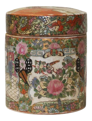 Chinese Oriental Porcelain People Scenery Round Shape Container Decor