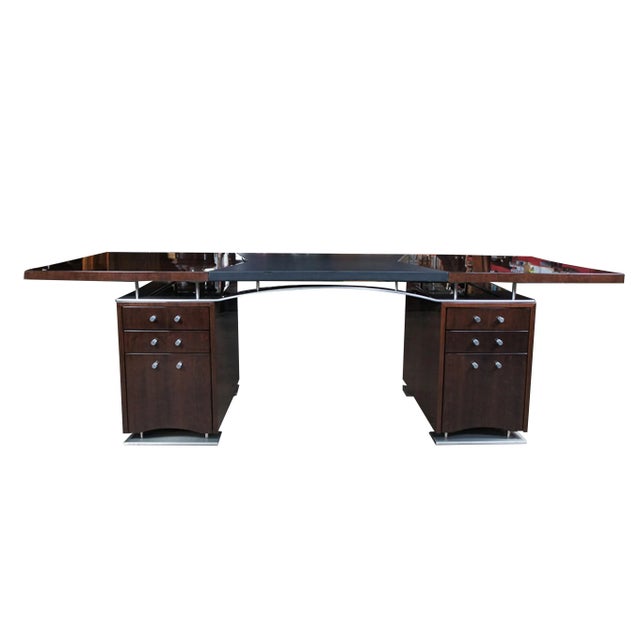 Vintage Dakota Jackson post modern Art Deco style executive partners desk featuring mahogany with leather insert and...