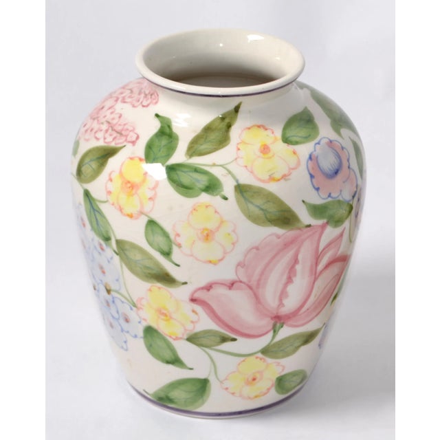 1960s Vintage 1960s Mediterranean Hand Painted Glazed Flower Vase Rose Motif For Sale - Image 5 of 12
