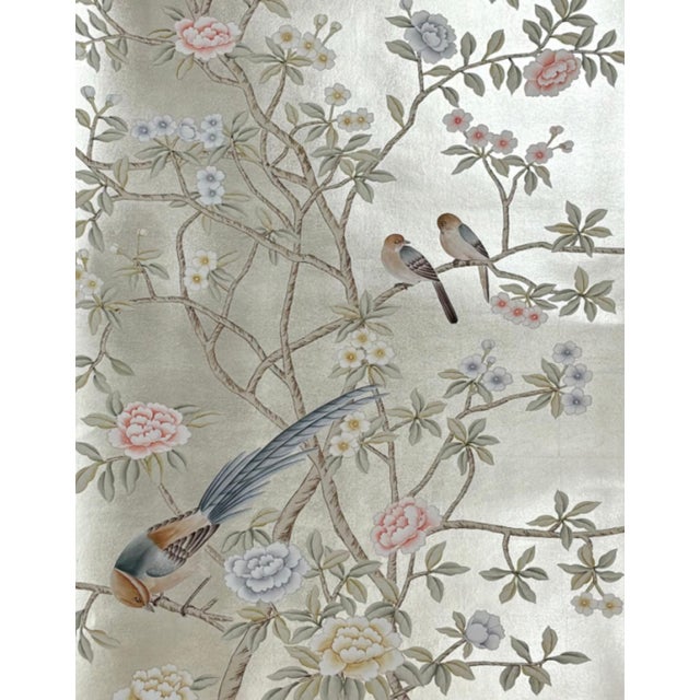 Silver Leaf Chinoiserie Hand-Painted Floral & Bird Wall Panels (Set of 2) For Sale - Image 4 of 4