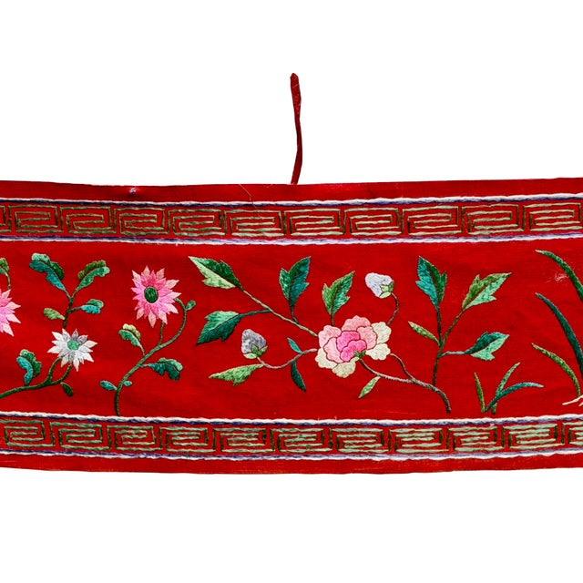 Brick Red Vintage Chinese Long Red Pink Flower Embroidery Fabric Art For Sale - Image 8 of 17