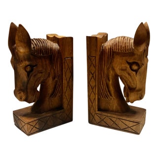 1970s Vintage Mid Century Hand Carved Horse Book Ends-a Pair For Sale