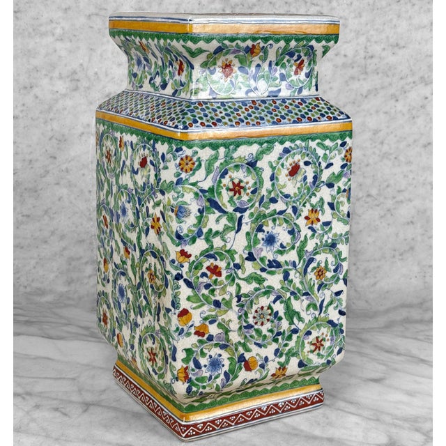 Late 20th Century Vintage 14" Chinese Porcelain & Enamel Green Floral Paneled Vase For Sale - Image 5 of 9
