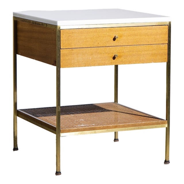 Paul McCobb for Calvin Irwin Group Model 8714 Mid Century Bleached Mahogany, Cane, Brass and Glass Nightstand For Sale