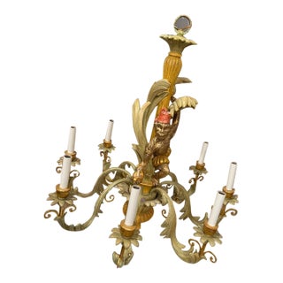 Vintage 1960s Italian Tole Monkey Chandelier With Fez, 8-Light, Hand-Painted Gold & Cream For Sale