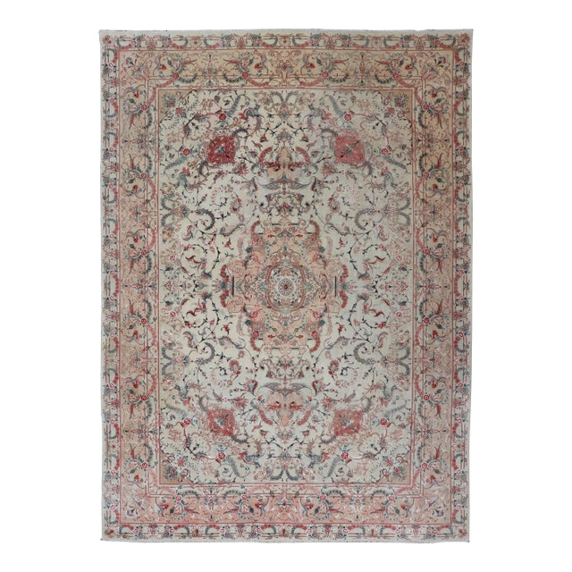 Wool & Silk Vintage Fine Tabriz Design Medallion Rug With Intricate Florals For Sale