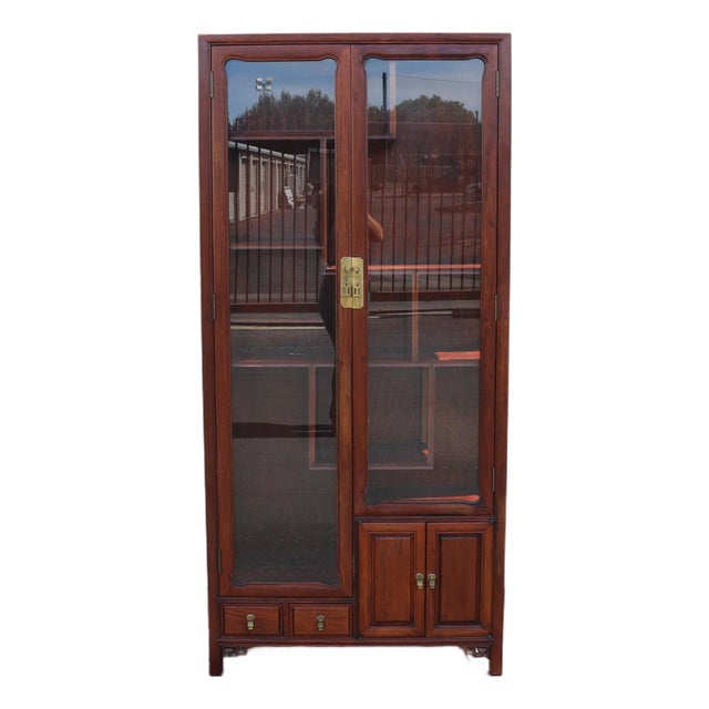 Vintage Asian-Inspired Rosewood Display Cabinet / Curio With Glass Doors and Brass Hardware For Sale