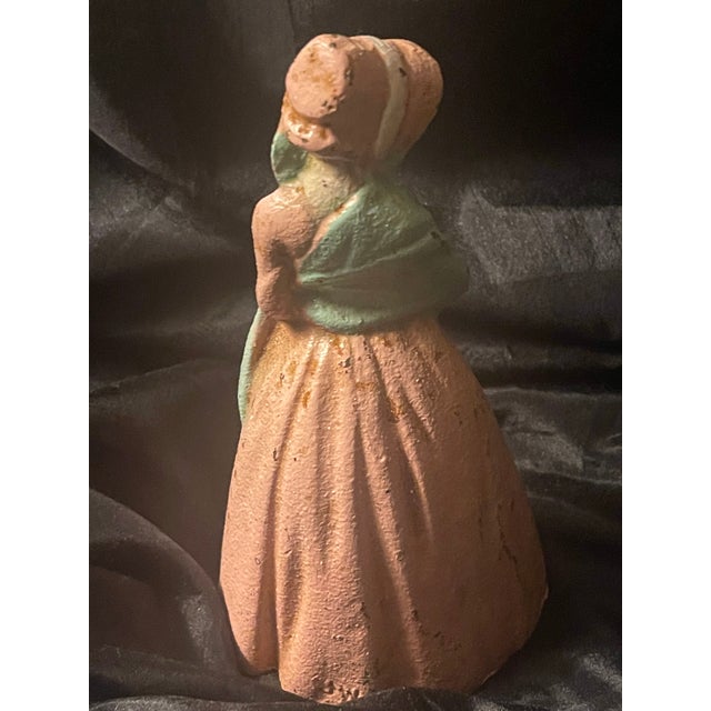 1920s Antique Cast Iron Doorstop W Victorian Lady in Peachy Pink Colonial Attire & Sunflower Bonnet For Sale - Image 5 of 12