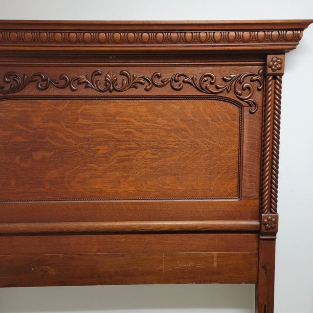 Late 19th Century Antique American Renaissance Revival Tiger Oak Double Full Bed, C. 1900 For Sale - Image 5 of 14