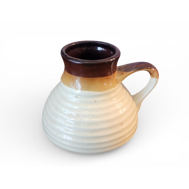 Vintage Mid Century Art Pottery Stoneware Brown & Cream Colored Ribbed Pitcher For Sale - Image 9 of 12