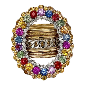 3.32 Carat Natural Sapphire Diamond Yellow Gold Cocktail Ring, Size 7