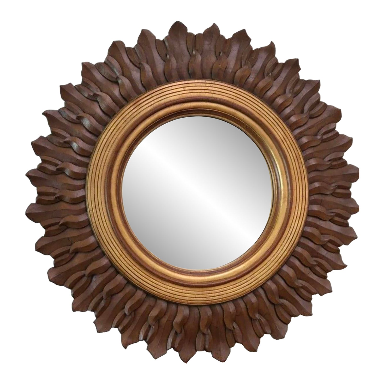 Sunburst round mirror with wooden frame