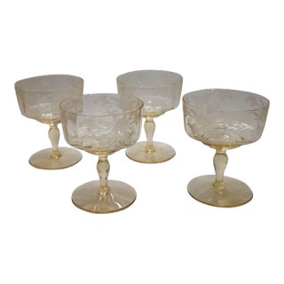 1930s Us Glass Tiffin Byzantine Low Champagne Sherbet Goblets in Mandarin (Yellow)- Set of 4 For Sale