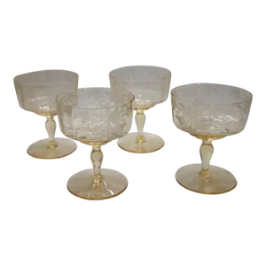 1930s Us Glass Tiffin Byzantine Low Champagne Sherbet Goblets in Mandarin (Yellow)- Set of 4
