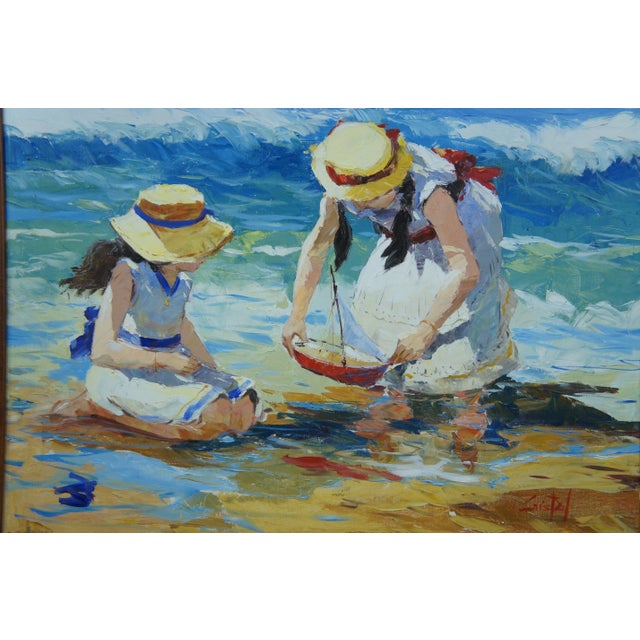 Late 20th Century Impressionist Style Mother and Child on a Beach Oil Painting by Martha Cristel, Framed For Sale - Image 4 of 13