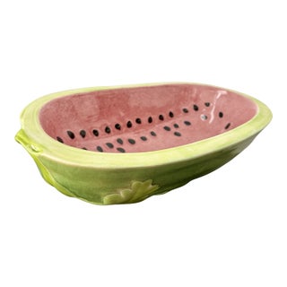 Vintage Watermelon Ceramic Serving Bowl – Mid-Century Modern Trompe L’Oeil Americana Folk Art Dish For Sale