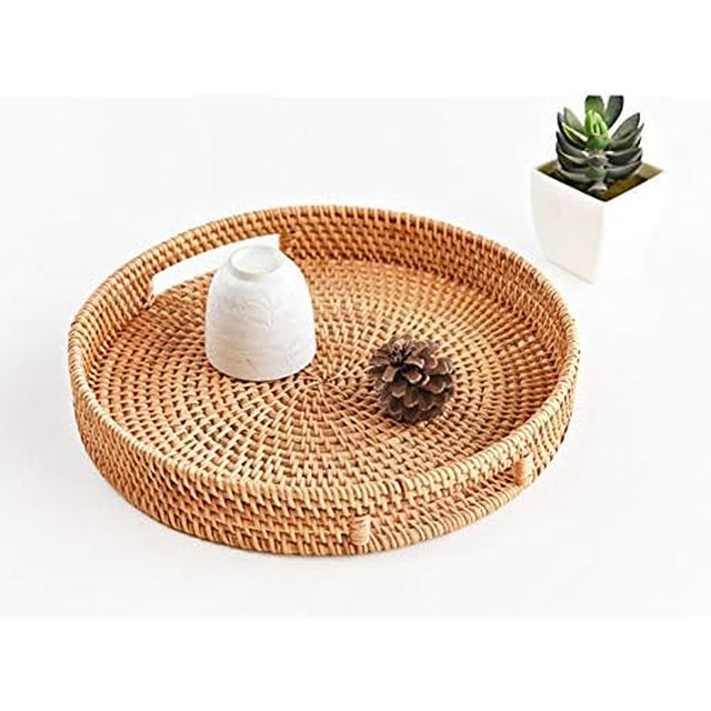 Early 21st Century Round Rattan Serving Tray With Handles Small For Sale - Image 5 of 6